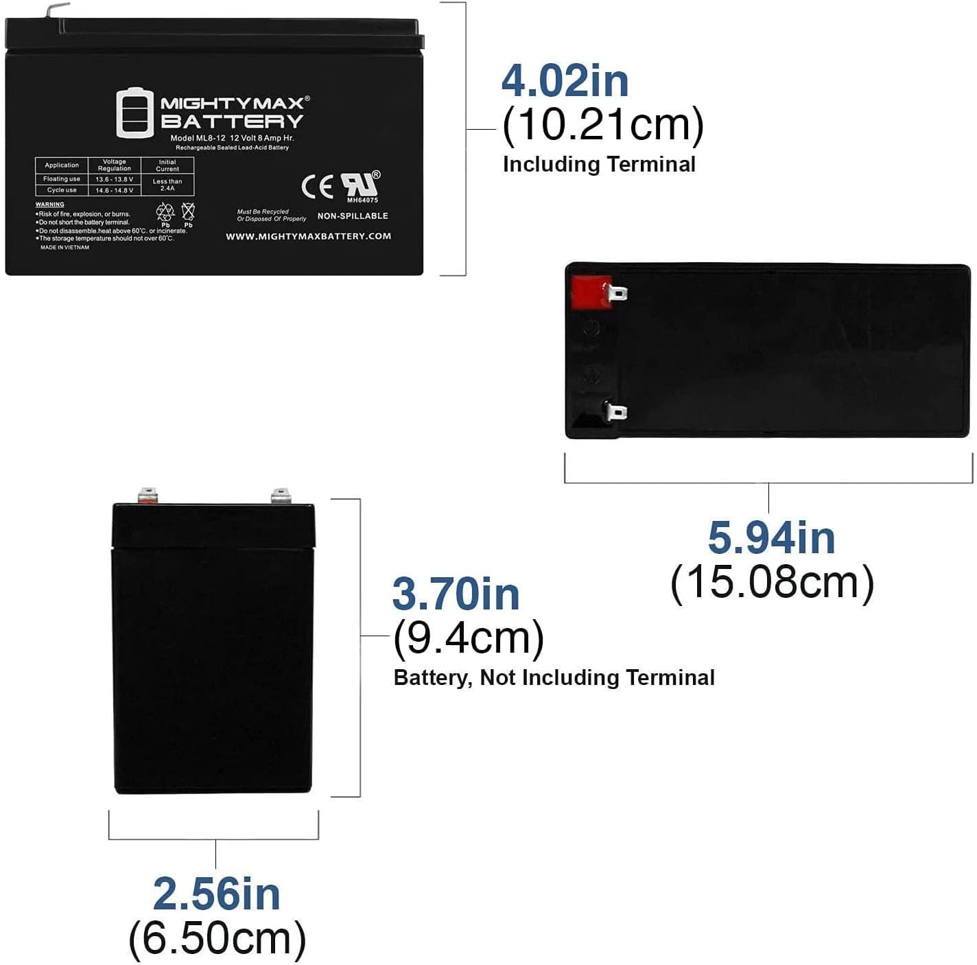 ML8-12 - 12 Volt 8 AH, F1 Terminal, Rechargeable SLA AGM Battery