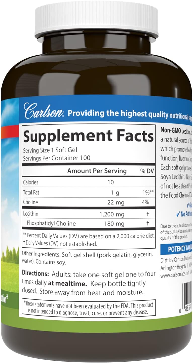 Carlson Lecithin, Non-GMO, 1200 mg, 100 Softgels | Nervous System Health; Liver Function; Unbleached Soy Lecithin