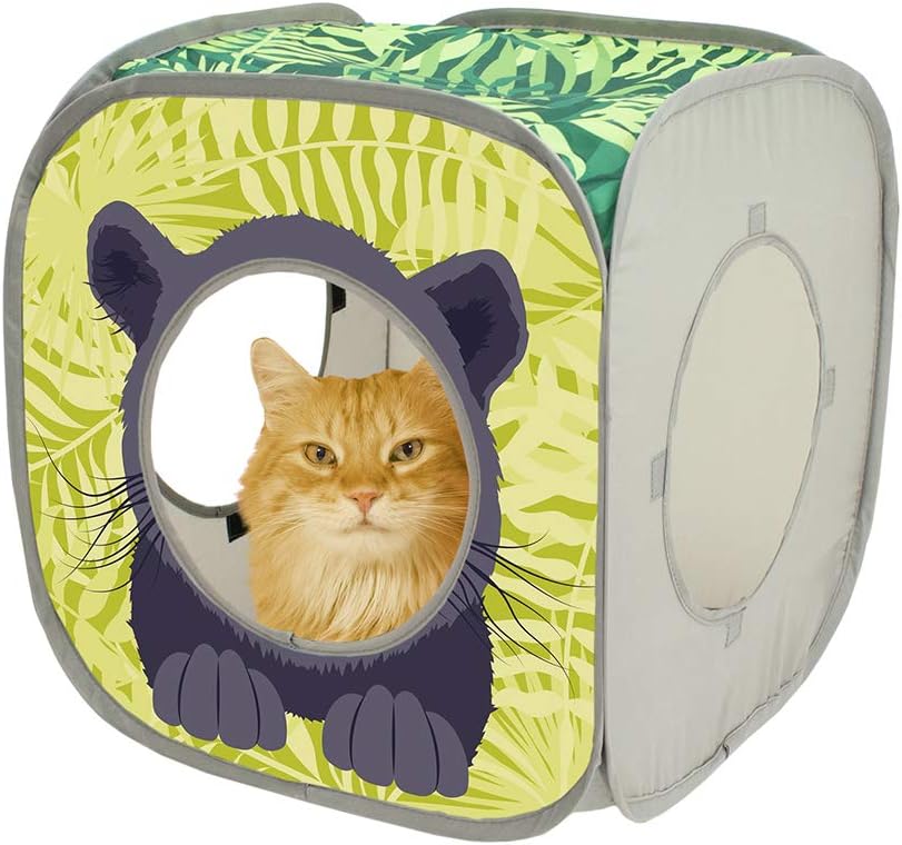 Kitty City Safari Jungle Pop-Up Cat Cube, Collapsible Indoor Cat Hideout & Play Cube with Peekaboo Openings, Easy Storage, 15” x 15” x 15”