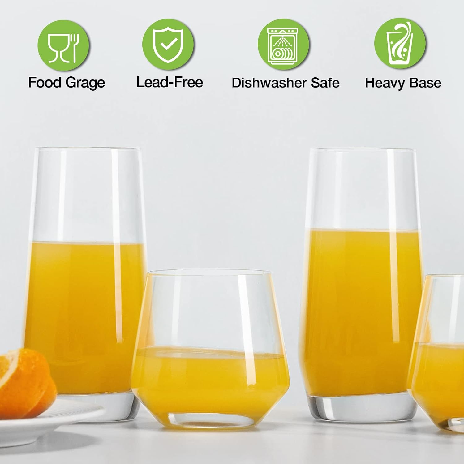 Mfacoy Drinking Glasses Set of 8-4 Tall Glass Cups 18 oz & 4 Short Stemless Wine Glasses 13 oz, Highball Glasses, Glassware Sets for Cocktail, Beer