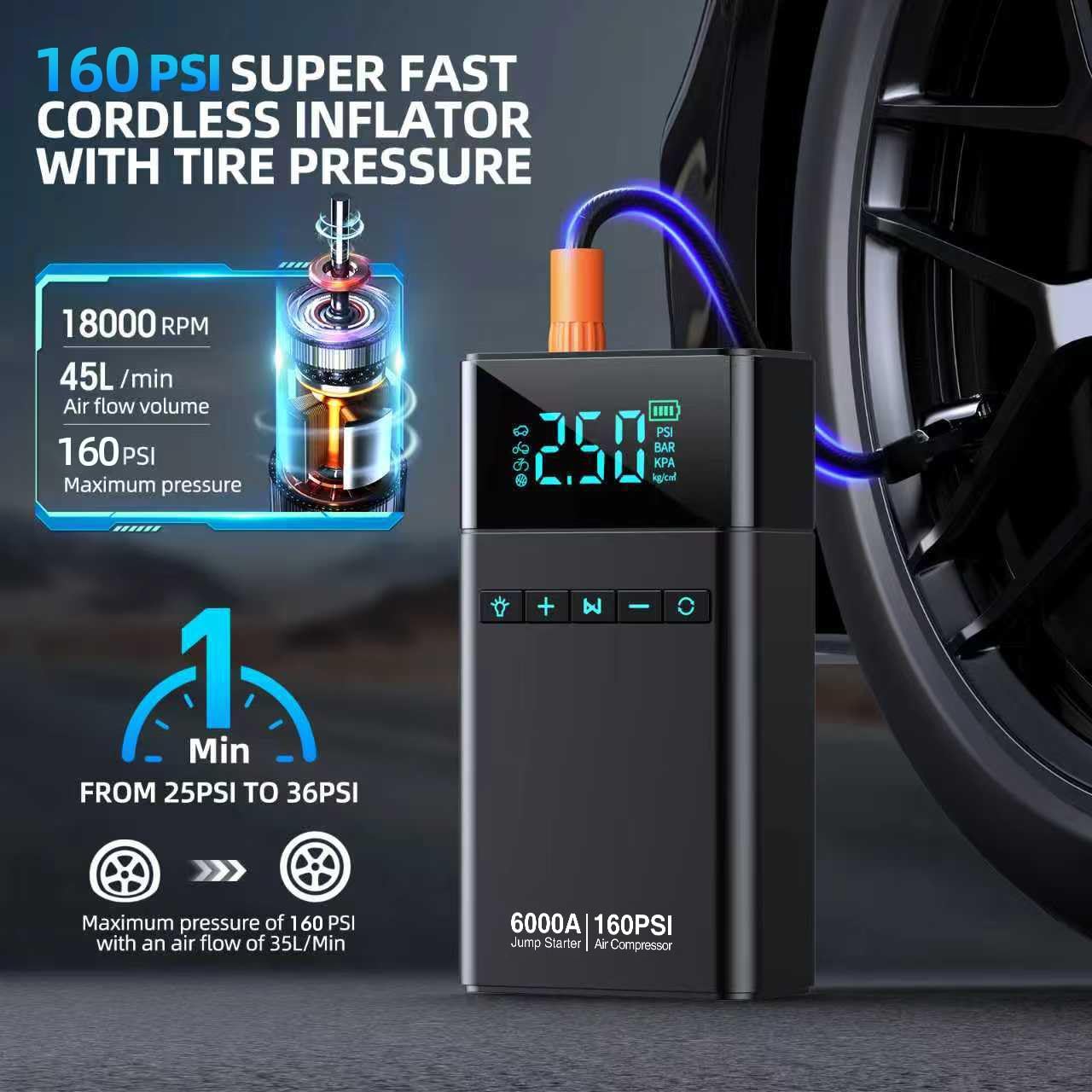 10-in-1 Portable Car Battery Jump Starter with Air Compressor, 6000A 160PSI Portable Car Jumper Starter (All Gas 12L Diesel)