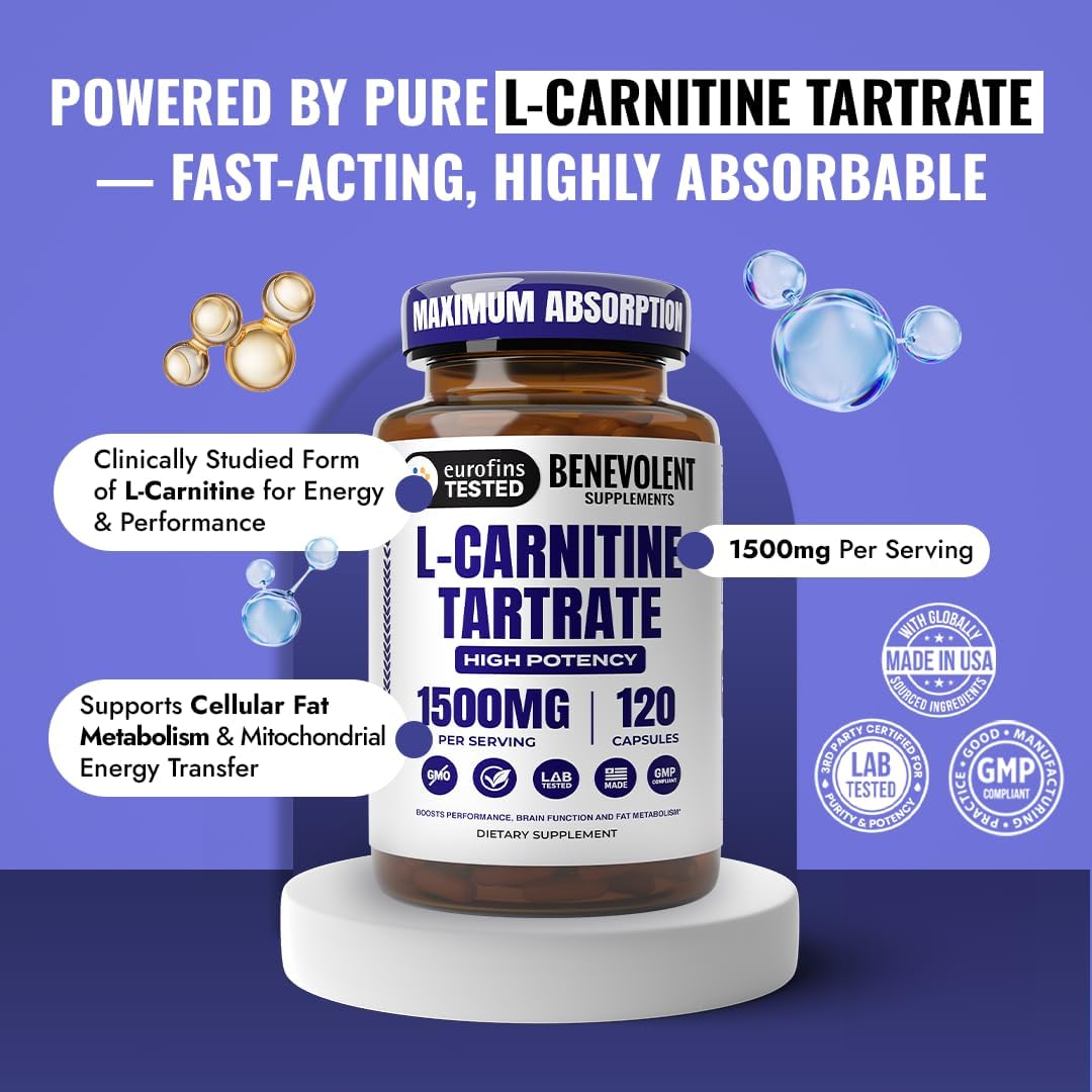 Benevolent L Carnitine Supplement - High Potency 1500mg – 120 Capsules