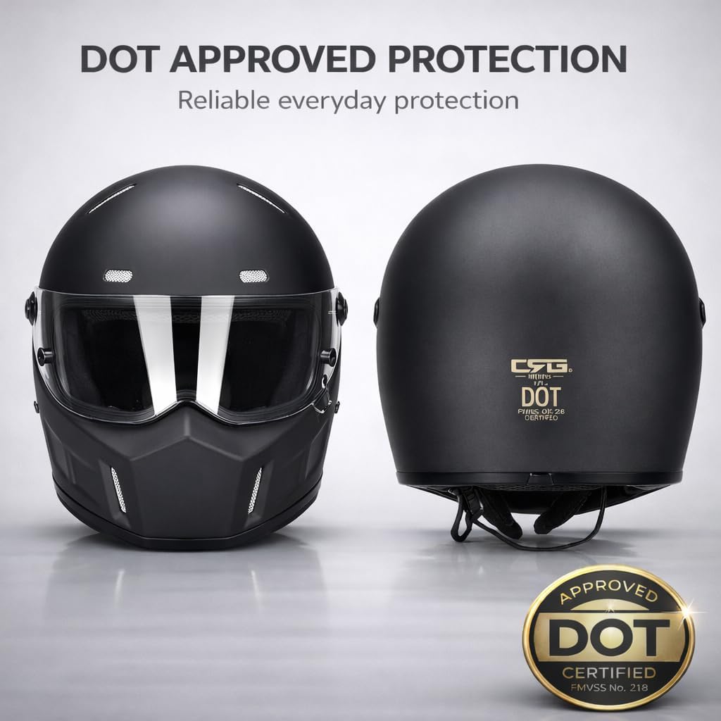 CRG Sports Retro Full Face Motorcycle Helmet, DOT Approved Fiberglass Street Bike Helmet with Clear Visor, Lightweight Cafe Racer Cruiser Motorcycle Helmet