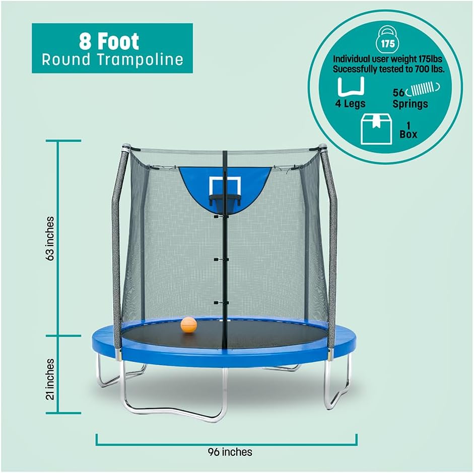 Skywalker Trampoline Outdoor 8 FT, 12 FT, 15 FT Jump N’ Dunk Round Outdoor Trampoline with Net, Trampoline Mat, and Basketball Hoop for Trampoline