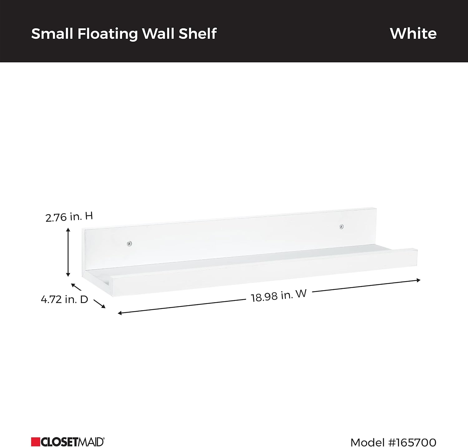 ClosetMaid Floating Shelf with Ledge, Wall Mount, 19 in., for Living Room, Bedroom, Office, Hallway, Storage & Decoration, White Finish