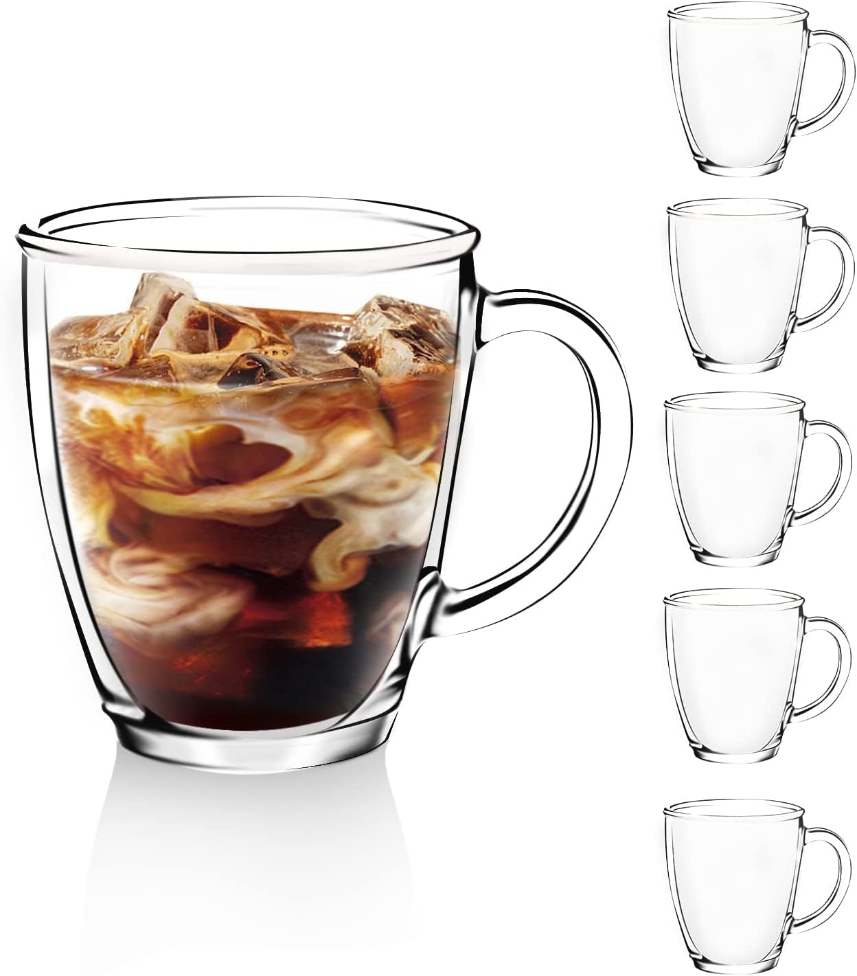 D.M DESIGN·MASTER [6 PACK, 12 OZ - Premium Glass Coffee Mugs with Handle. Transparent Tea Glasses for Hot/Cold Beverages