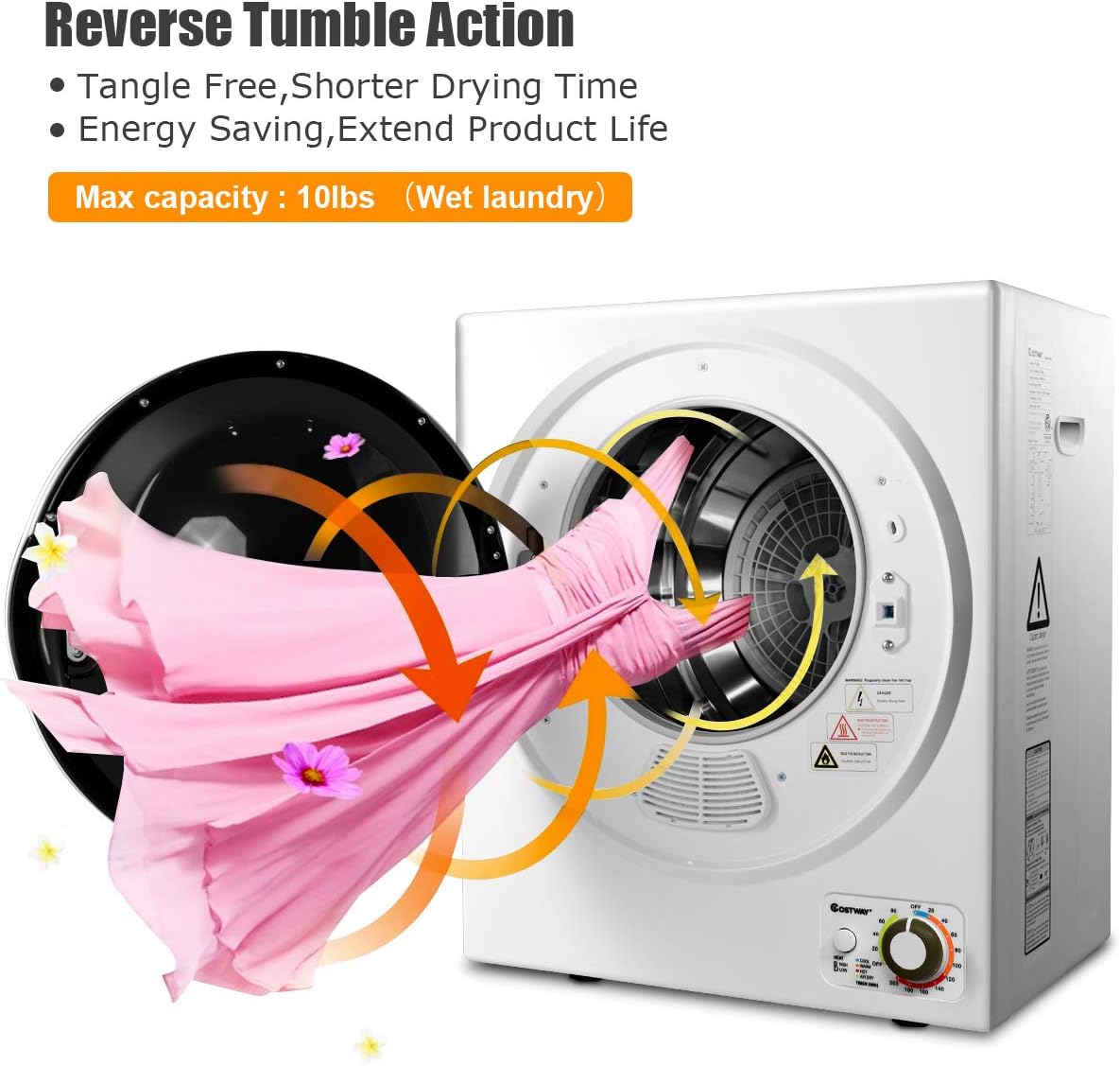 COSTWAY Compact Laundry Dryer, 110V Electric Portable Clothes Dryer with Stainless Steel Tub