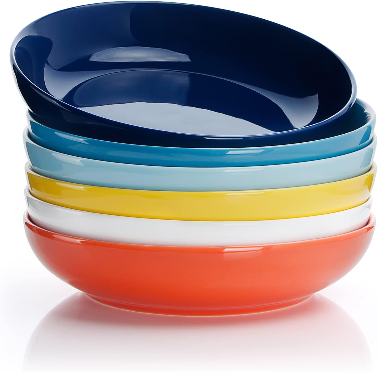 Sweese 22oz Porcelain Pasta Bowls Set of 6-7.6 Inch White Salad Serving Plates, Microwave Dishwasher Safe Dinnerware