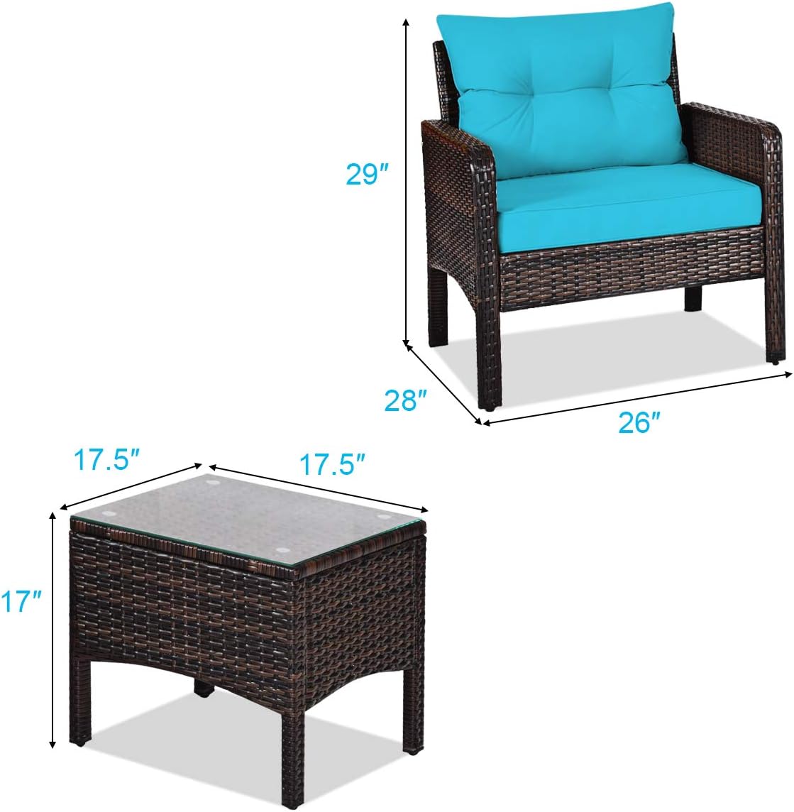 Tangkula 3 Piece Outdoor Patio Furniture Set, Wicker Chairs Set with Glass Top Coffee Table, Thick Cushions