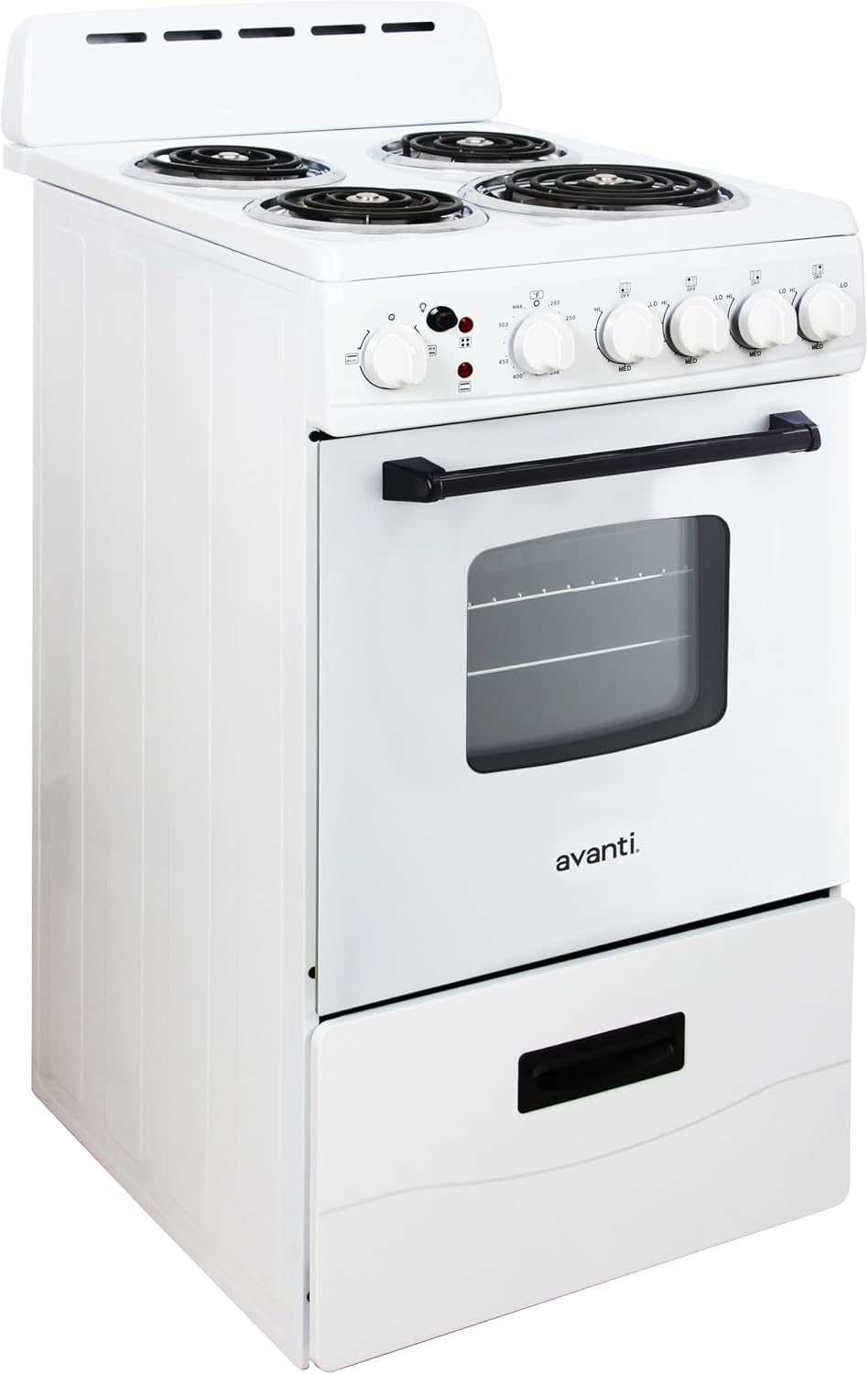 Avanti Electric Range Oven Compact Design, 2.1-Cu.Ft. Capacity with 4 Coil Burners, Framed Glass Oven Door, Storage Drawer and Broiler with Pan, 20-Inch, White