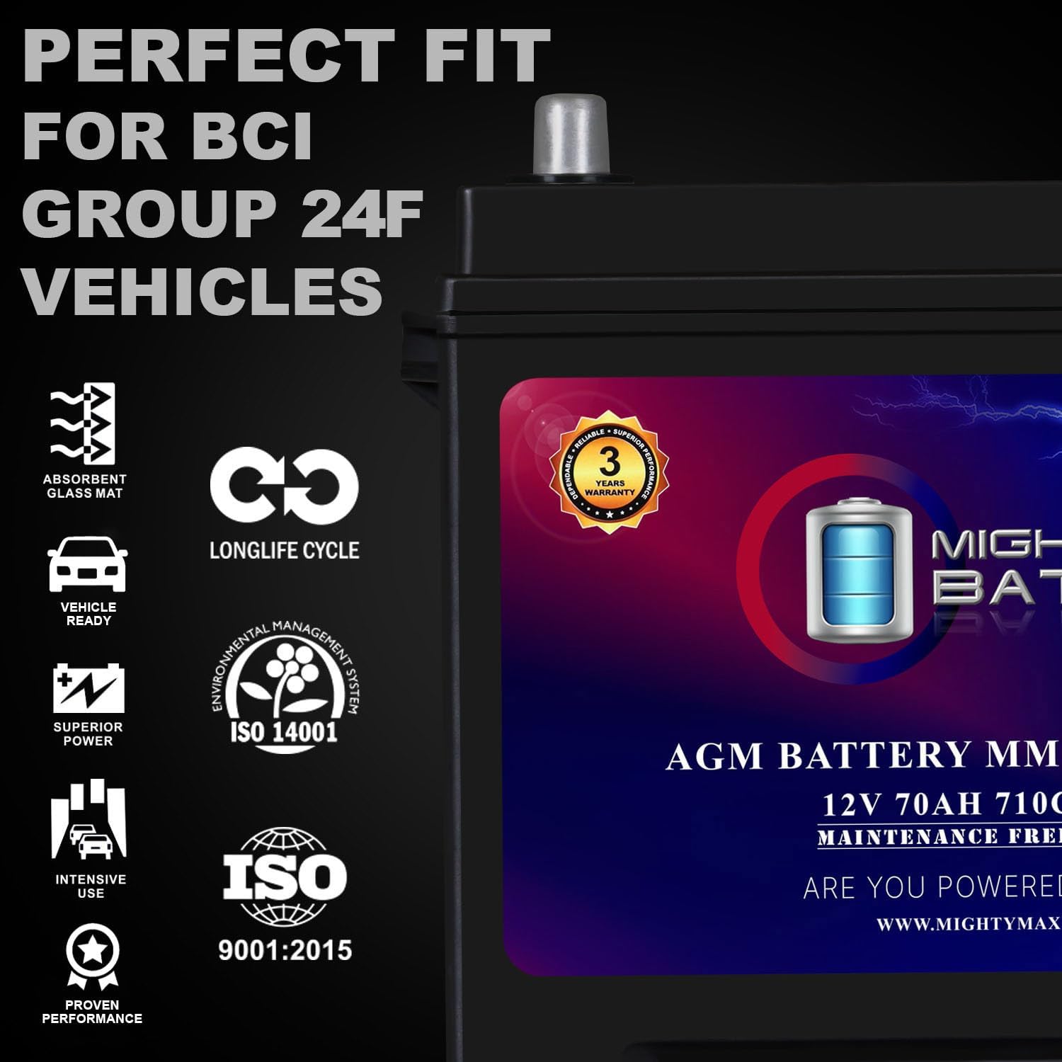 Mighty Max Battery MM-H8 Start and Stop Car BCI Group 49 12V 95Ah, 160RC, 900 CCA Rechargeable AGM Car Battery