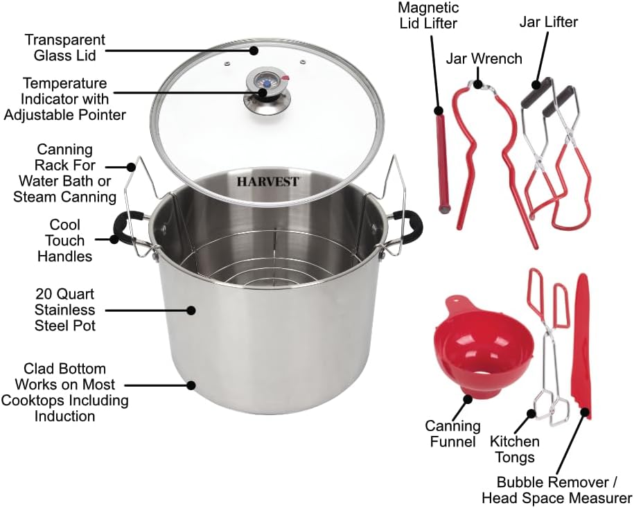 Harvest Stainless Steel 20 Qt Canning Pot with Rack | Water Bath or Steam Canning | Works on All Stovetops Including Induction, Glass, Gas (Stainless Steel Canner + Tools) (Stainless Steel Canner)