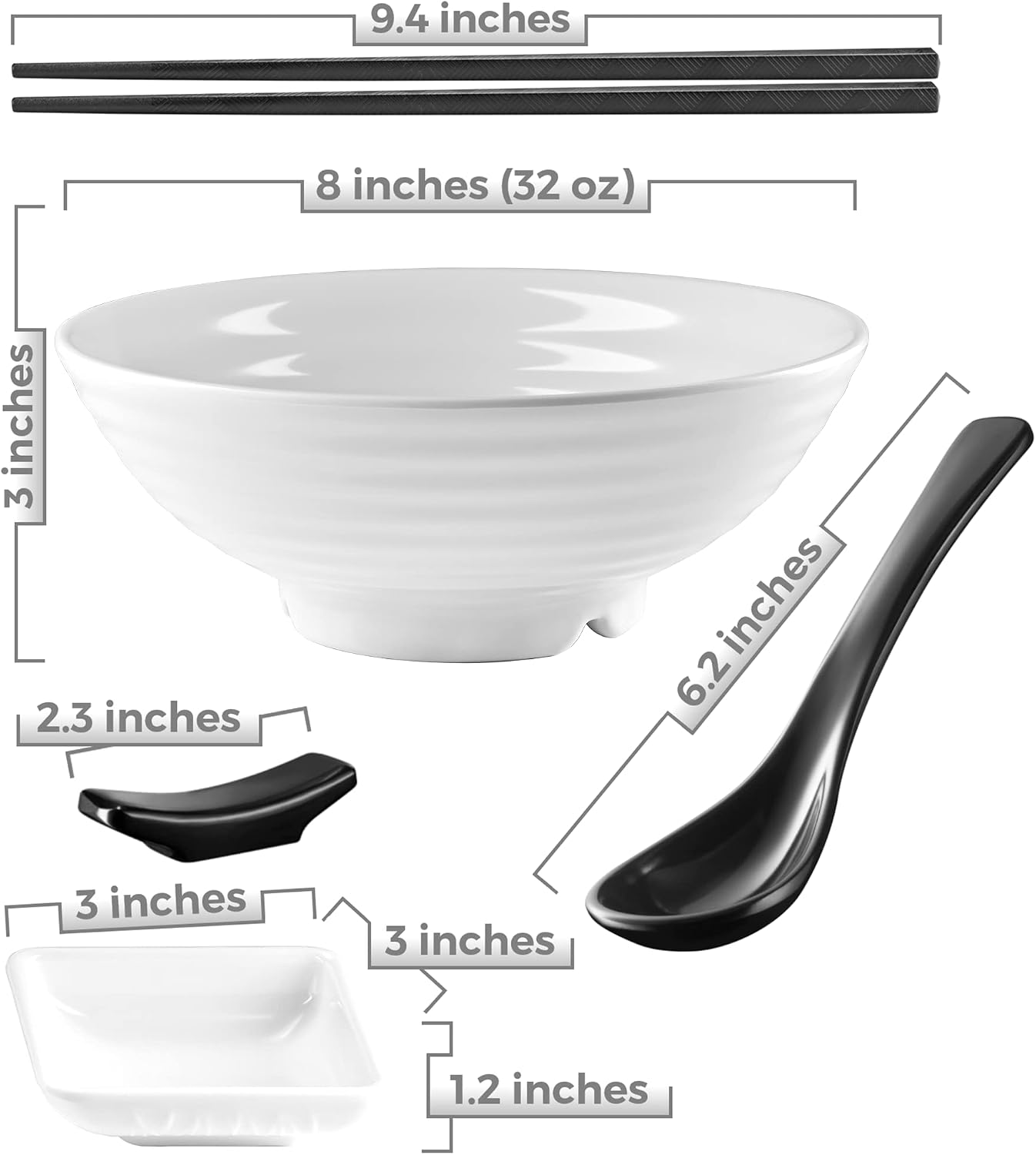 Unbreakable Ramen Bowl Set with Chopsticks and Spoon: 2 large Japanese Style Melamine Ramen Bowls