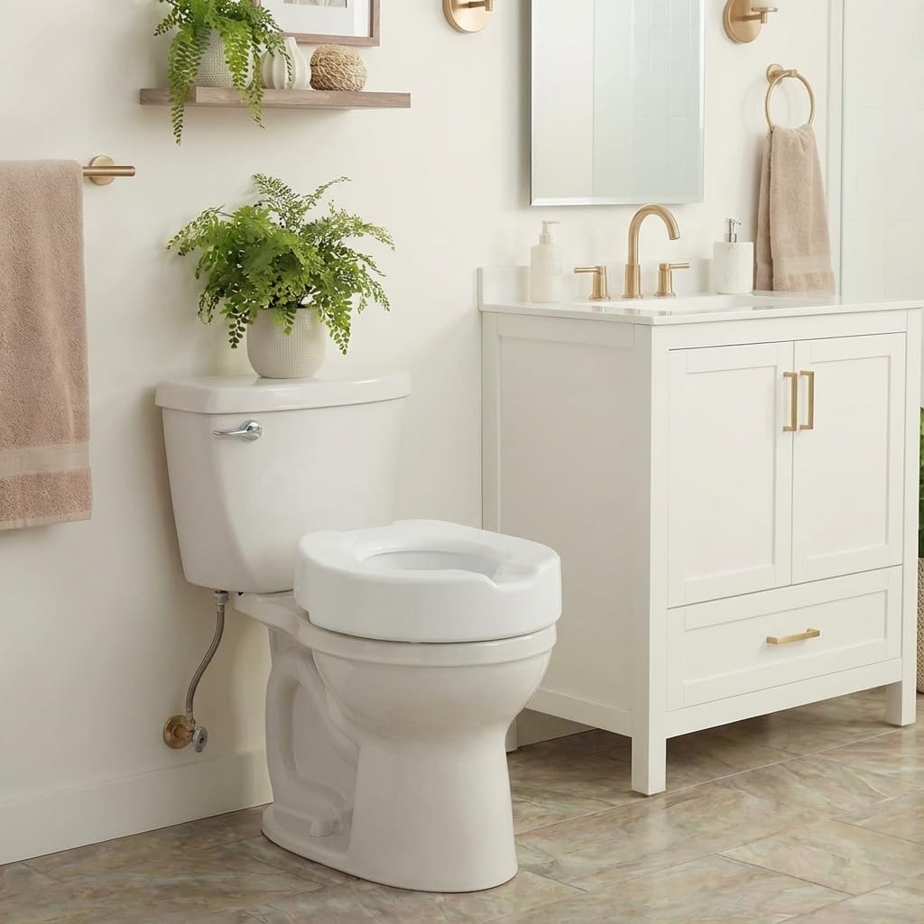 NOVA Toilet Seat Riser with Arms – Adds 5” Height, Raised Toilet Seat with ON/Off Front Lock, Adjustable & Removable Padded Arms (17.75”–20”), 300 lb Capacity, Safety Aid for Seniors