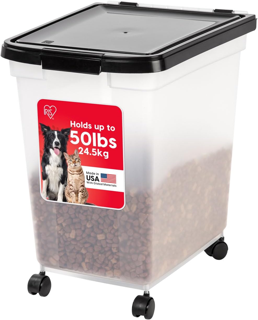 IRIS USA Dog Food Storage Container, Up to 25 lbs, Black, Made in USA | Wheels for Mobility, Airtight Seal, BPA-Free, Best for Bird Seed, Cat food, Cat Litter, Chicken Feed, Pellets