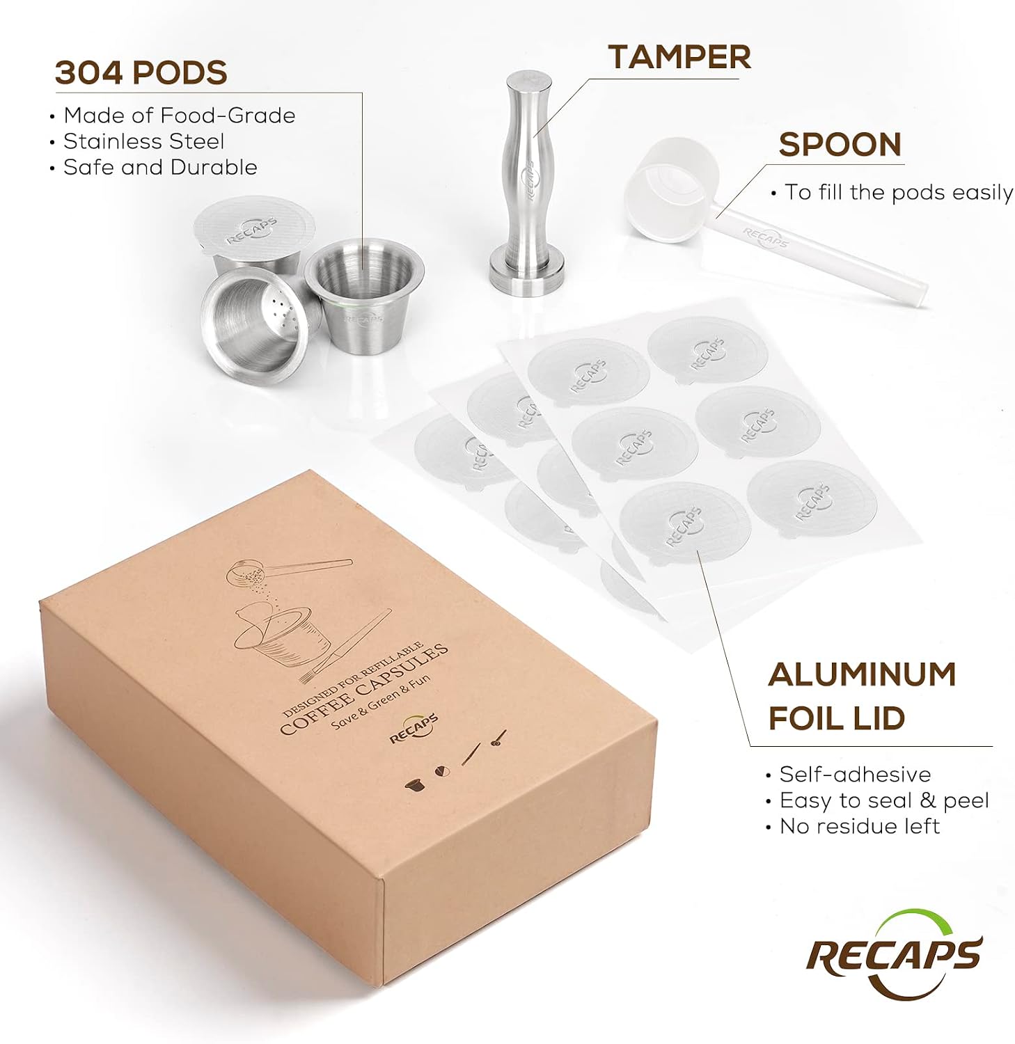 RECAPS Reusable Coffee Filter Capsules Compatible with Nespresso Original | Refillable Coffee Pods Permanent Coffee Filter Stainless Steel 120PCS