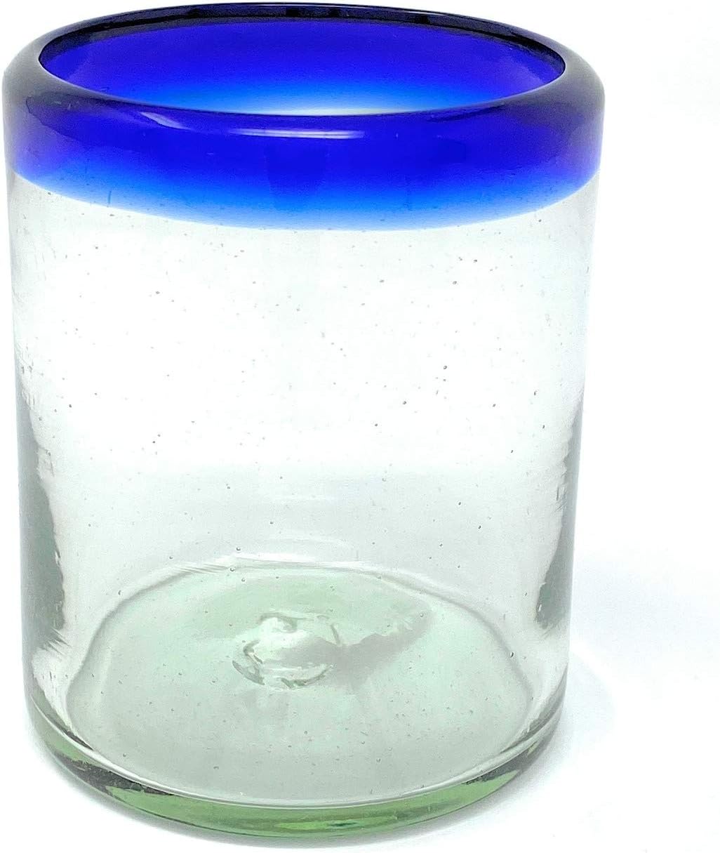 Hand Blown Mexican Drinking Glasses - Set of 6 Tumbler Glasses with Cobalt Blue Rims (10 oz each)