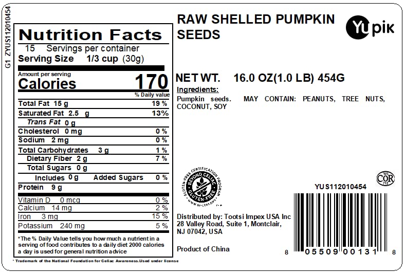 Yupik Raw Pumpkin Seeds, No Shell, 1 lb (16 oz), GMO-Free, Gluten-Free, Kosher, Shelled Pepitas, Salt-Free, Oil-Free, Plant-Based Protein, Source of Fiber, Healthy Snacks, Ideal for Baking & Topping