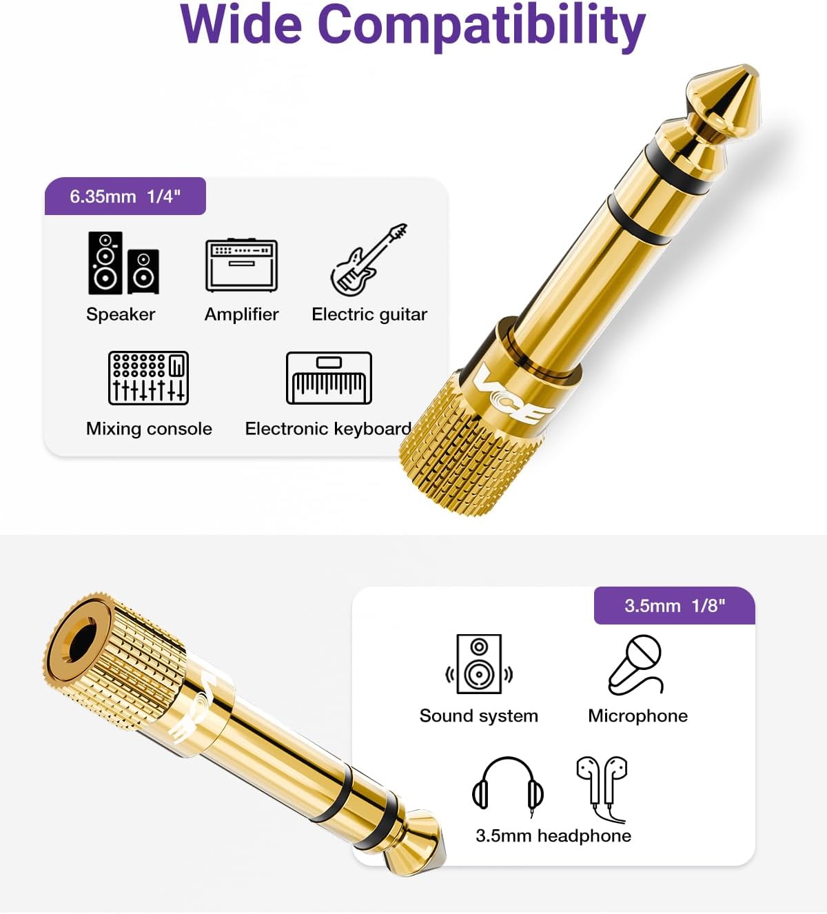 VCE 3.5mm to 1/4 Adapter Stereo Headphone Adapter, 24K Gold-Plated, 2-Pack | Seamless Audio Connection, Premium Sound Fidelity, Secure TRS Connection for Aux Cable, Guitar Amplifier, Headphone