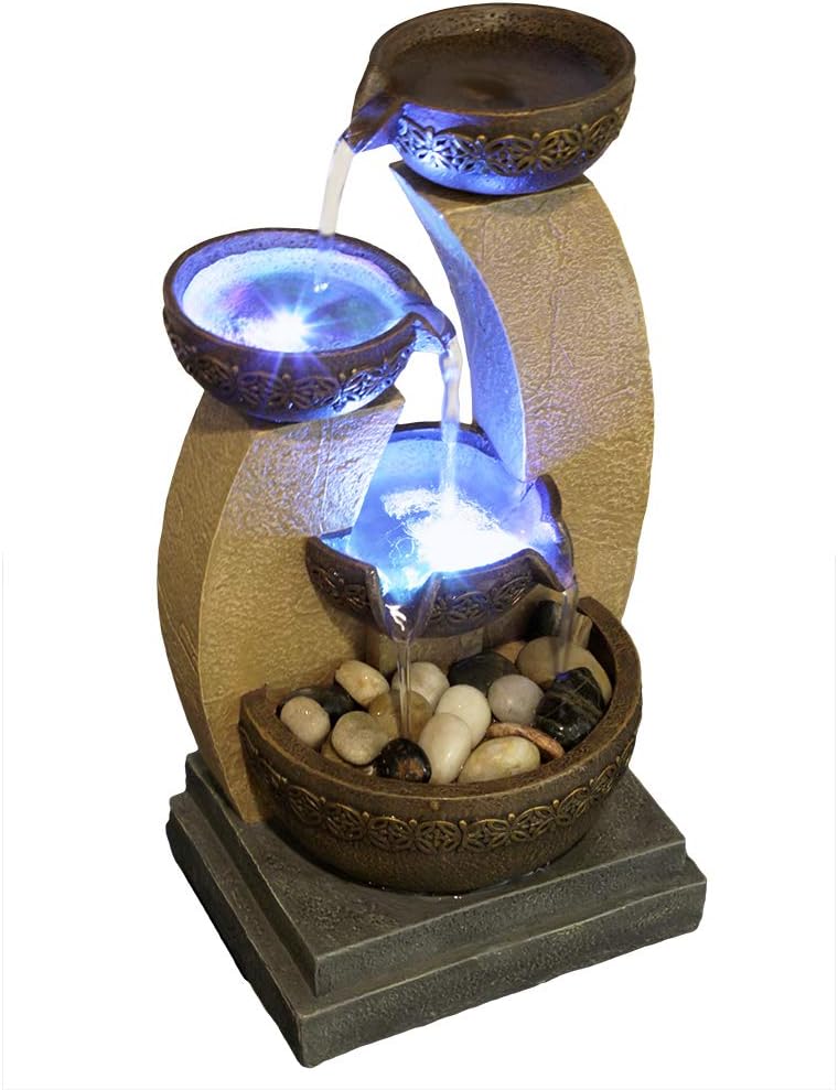 11" H Golden Tiered Bowl Fountain with Color Changing LED Lights with Adapter Brown