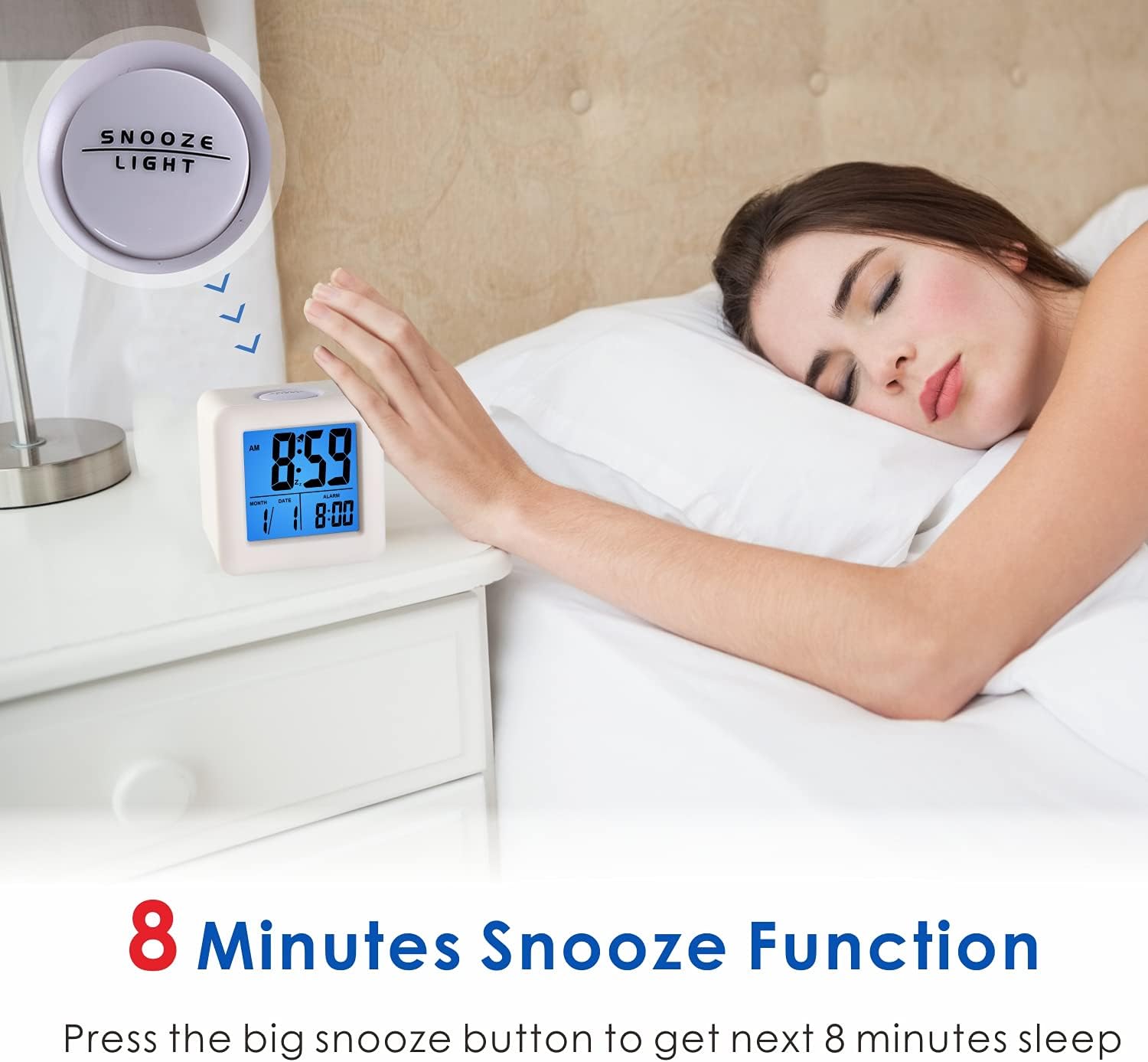 Plumeet Digital Alarm Clock Kids Clock with Snooze and White Nightlight - Easy Setting Travel Alarm Clocks Display Time, Date