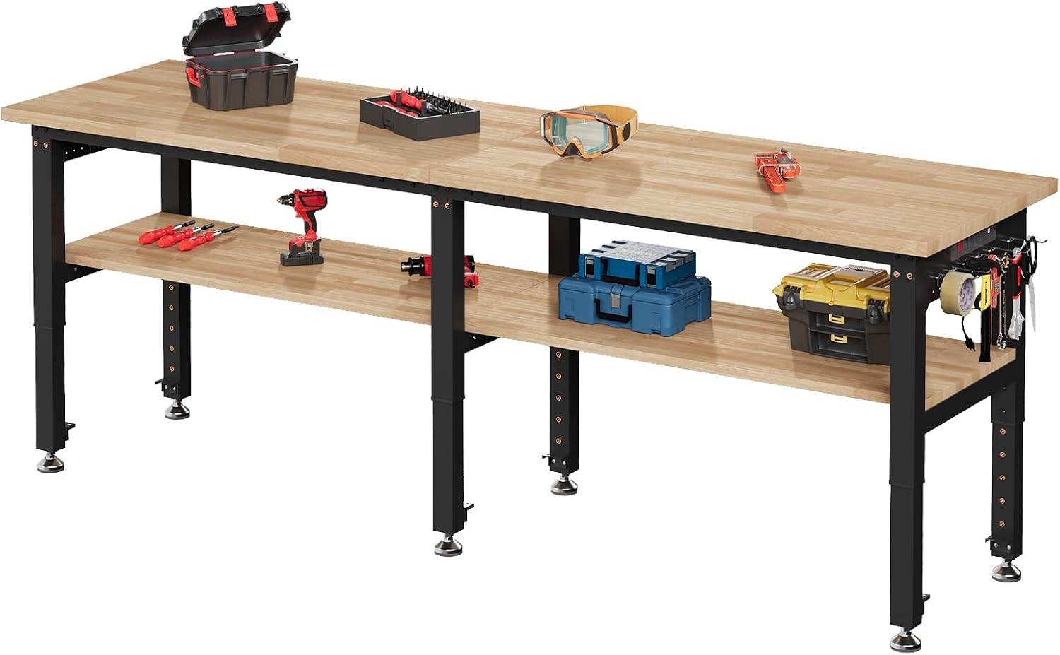 SPECRAFT Adjustable Black Heavy-Duty Workbench | 2000 Lbs Capacity, Rubber Wood Top, 4 AC Outlets and 2 USB Ports, for Garage, Workshop and Office
