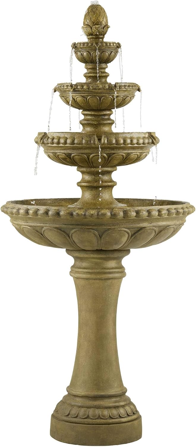 Sag Harbor 66" High Stone 4-Tier LED Outdoor Floor Large Fountain | Italian Decor Sand with Light Waterfall Standing Basin Water Feature for Outside
