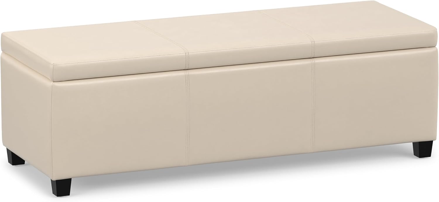 SIMPLIHOME Avalon 48" Wide Vegan Leather Storage Ottoman in Brown