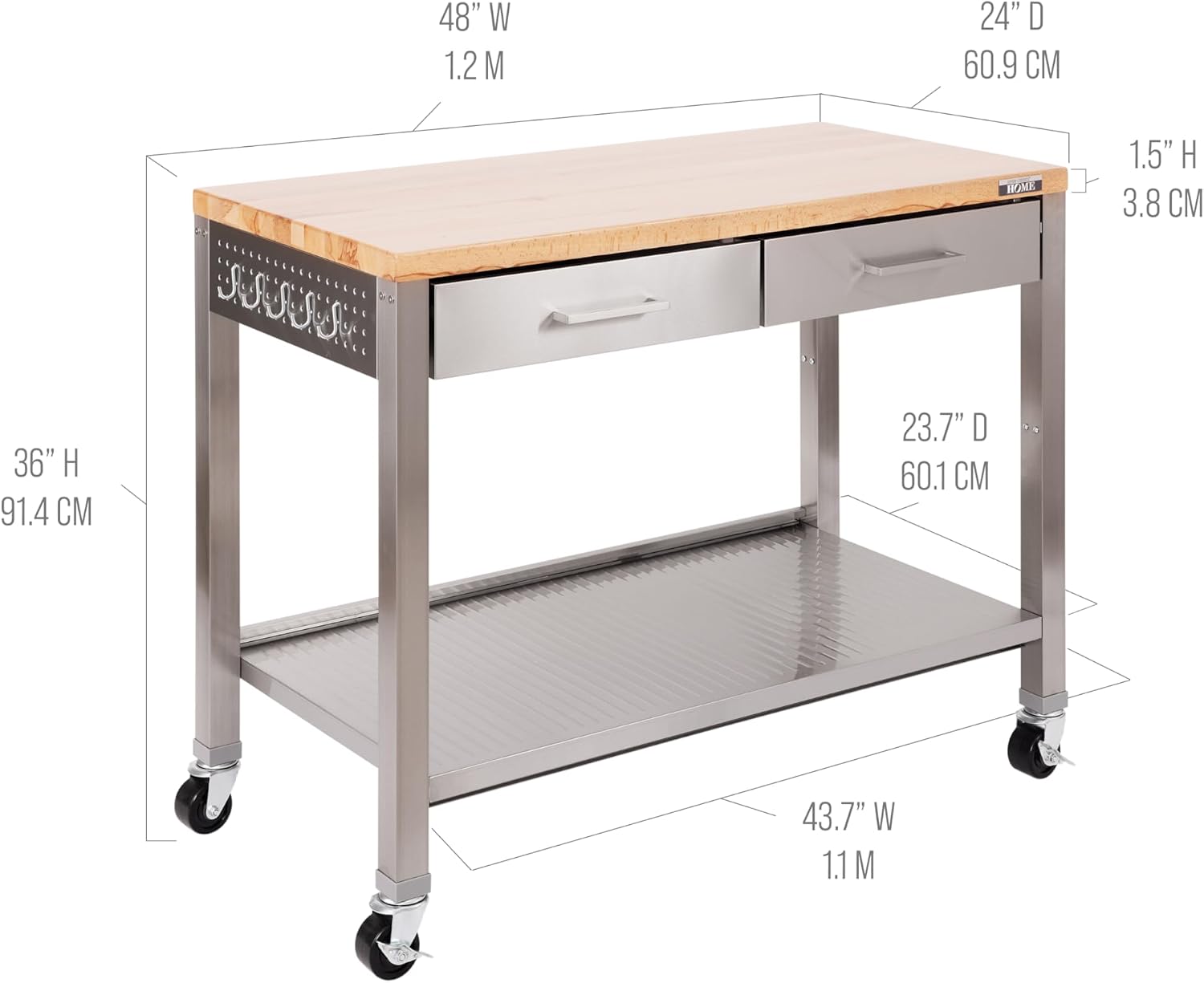 Stainless-Steel Commercial-Grade NSF-Certified Prep Table Cart, 24"W x 20"D | Heavy-duty durable utility workstation supports up to 450 lb w/ adjustable wire shelf and sliding basket on locking wheels
