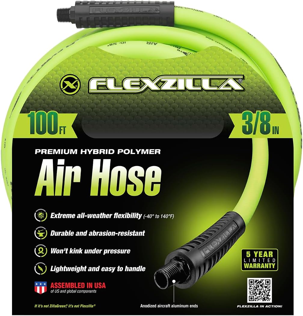 Flexzilla Air Compressor Hose, 3/8 in. x 50 ft., 1/4 in. MNPT Fittings, No-Kink, All Weather, Lightweight, Premium Hybrid Polymer, 300 PSI, ZillaGreen