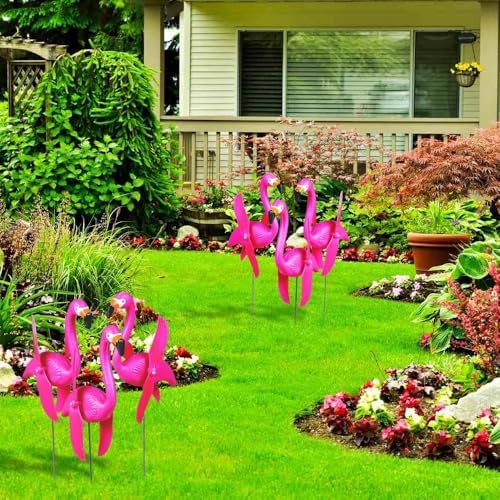 Fun Express Mini Pink Flamingos Yard Ornaments Set of 6 - Wind Spinners Outdoor with Twirling Wings | Flamingo Decor Gifts for Women | Tropical Luau