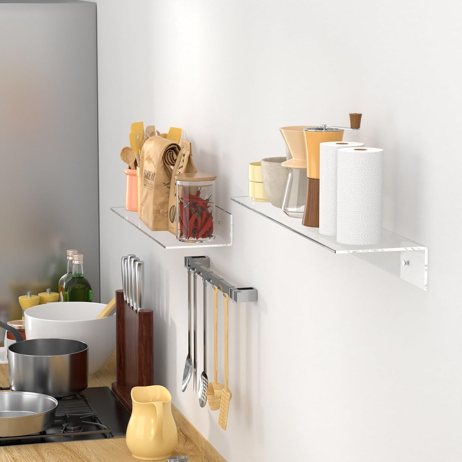 FEMELI 2 PCS 12" Acrylic Floating Shelves, Clear Shelf for Wall Display