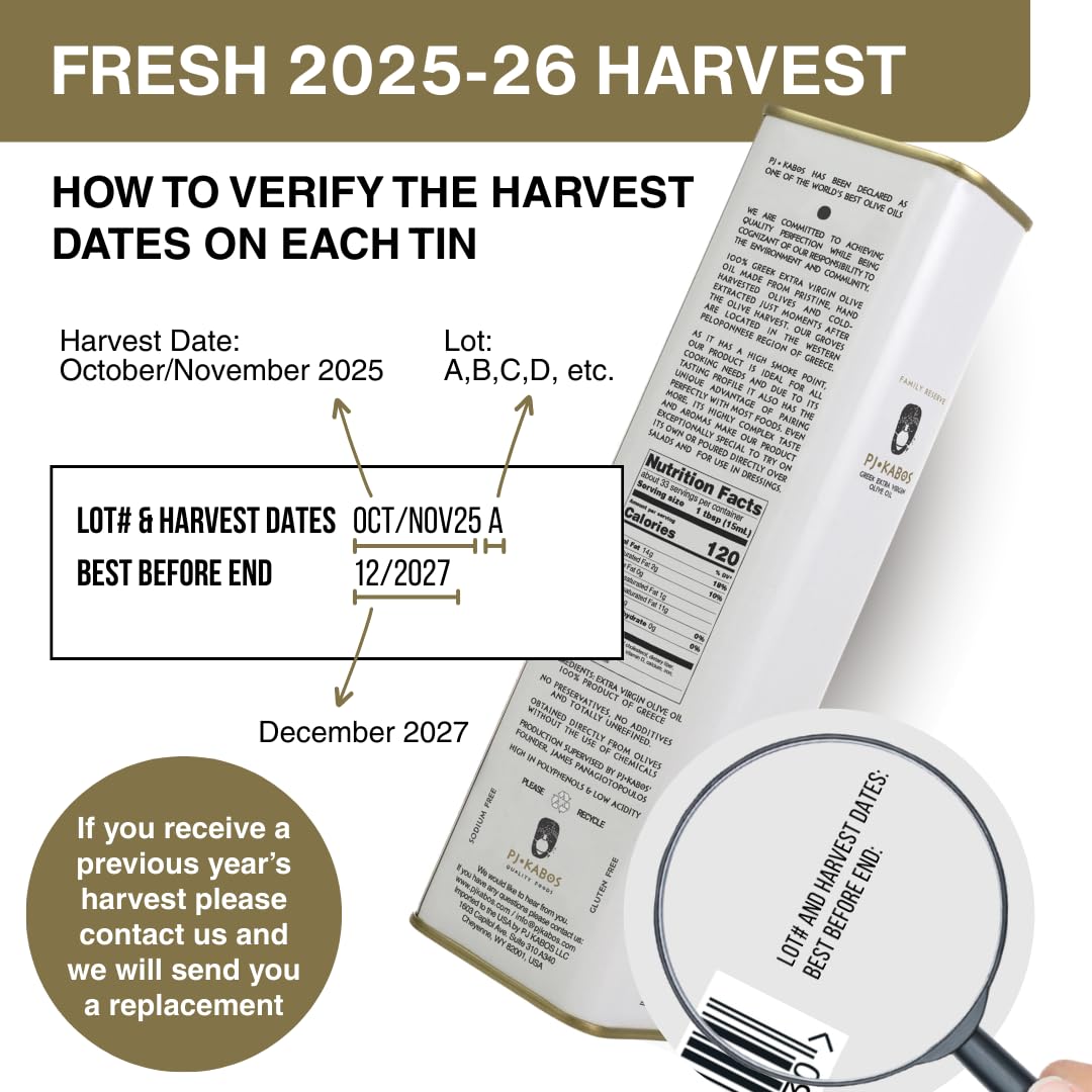 P.J. KABOS Fresh 2025/26 Harvest, High Phenolic (400+mg/kg), Natural Greek Extra Virgin Olive Oil, Kosher, Greece, Cold Extracted, 16.9 oz Tin, Koroneiki, "Family Reserve -Medium"