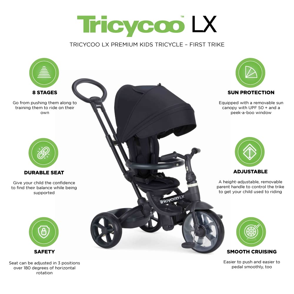 Joovy Tricycoo 4.1 Kids Tricycle with 4-Stages Featuring Extra-Wide Front Tire, Removable and Adjustable Parent Handle, Safety Harness