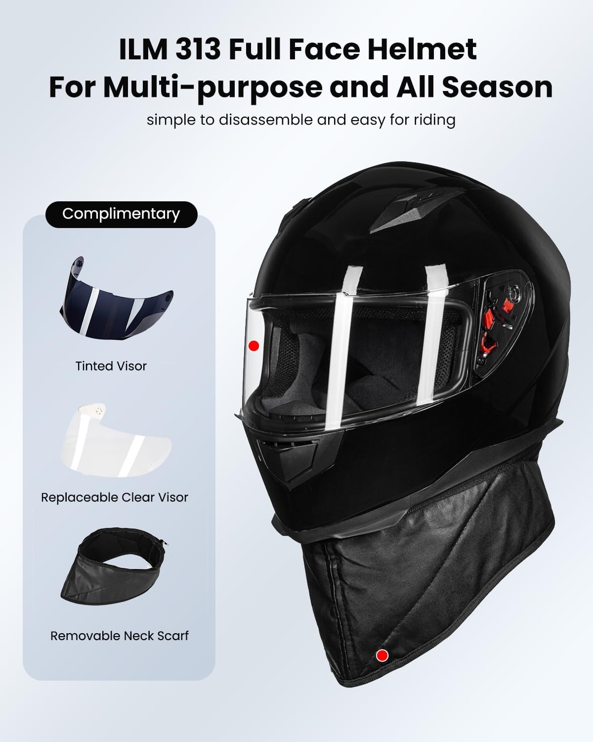 ILM Full Face Motorcycle Street Bike Helmet with Removable Winter Neck Scarf + 2 Visors DOT Model ILM-313