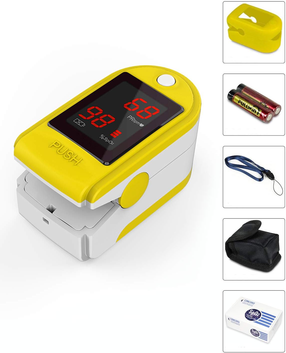 Concord Basics Fingertip Pulse Oximeter - Blood Oxygen Saturation Monitor with Carrying Case, Batteries, Silicone Cover & Lanyard - Easy to Use