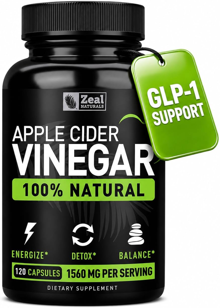Zeal Naturals Natural Raw Apple Cider Vinegar Capsules (1560mg|120 Capsules) GLP-1 Support for Cravings, ACV Pills w Cayenne Pepper