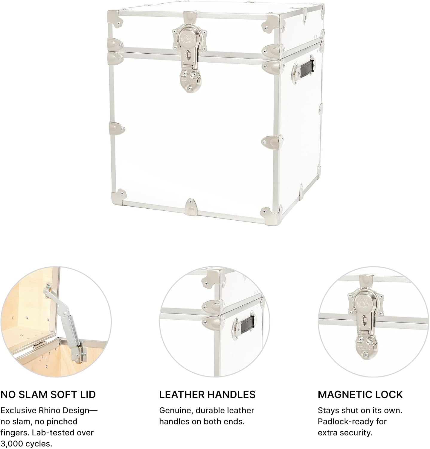 Rhino Classic Cube Trunk, College Dorm Footlocker & Home Storage End Table | 18"L x 18"W x 20"H, 1500+ lb Capacity, Baltic Birch Plywood, Nickel Plated Steel, Durable, Office Storage, Dorm Room