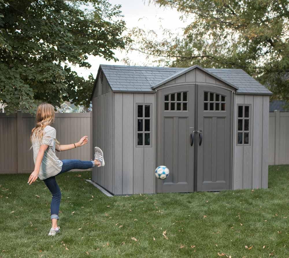Lifetime 10 ft x 8 ft Outdoor Storage Shed – Heavy-Duty Resin Backyard Shed with Skylights, Windows, Steel-Reinforced Textured Walls