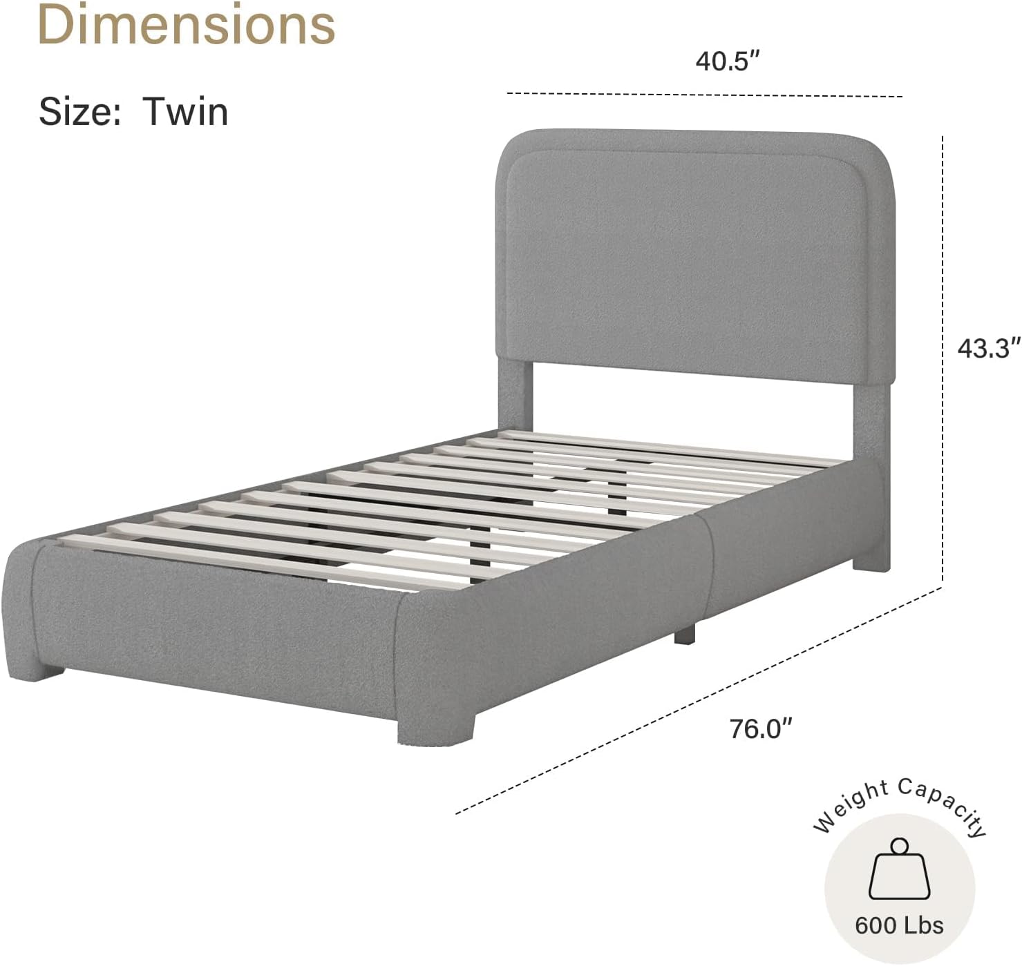 BarnFurin Full Bed Frame, Cloud Boucle Headboard, Rounded Corners, White | Soft boucle and rounded edges create a low-profile cloud look. Wooden slats support the mattress without a box spring