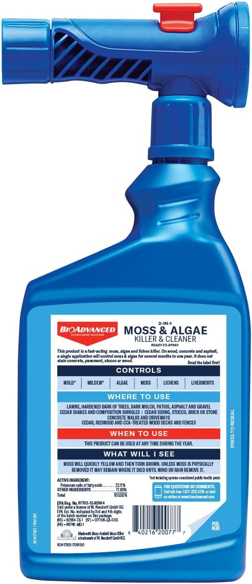 BioAdvanced 2-in-1 Moss and Algae Killer and Cleaner, Ready-to-Spray, 32 oz, 500 SQ FT | Ready-to-Spray - Use on Lawns, Ornamental Gardens