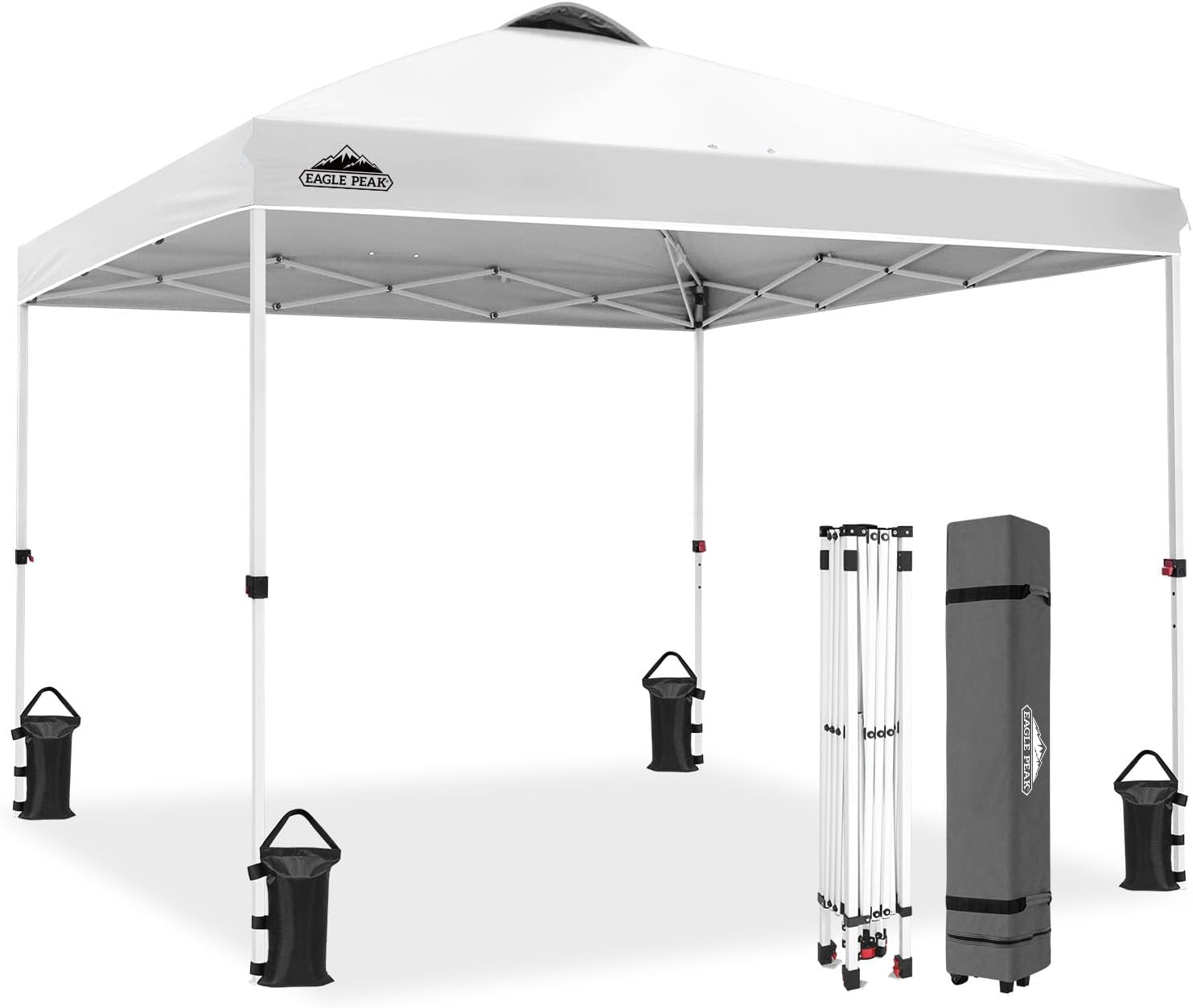 EAGLE PEAK 10x10 Pop Up Canopy Tent Easy Up Canopy Outdoor, White | Patented PeakPush™ Center Lock, 1 Person Setup Portable Pop Up Tent, Beach, Markets, Camping Sport Events, Wheeled Carry Bag