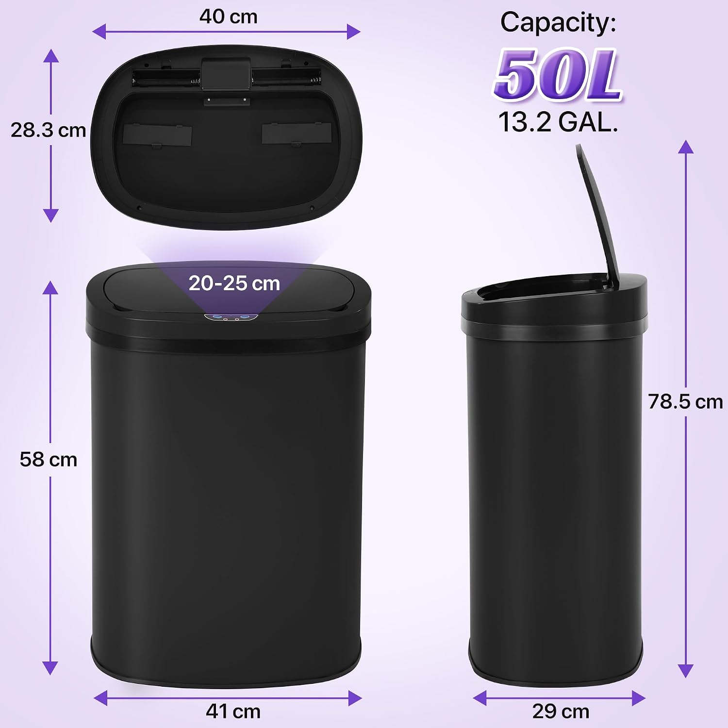 13 Gallon Touch-Free Automatic Stainless-Steel Trash Can Garbage Can Metal Trash Bin with Lid for Kitchen Living Room Office Bathroom, Electronic Motion Sensor Automatic Closure & Opening
