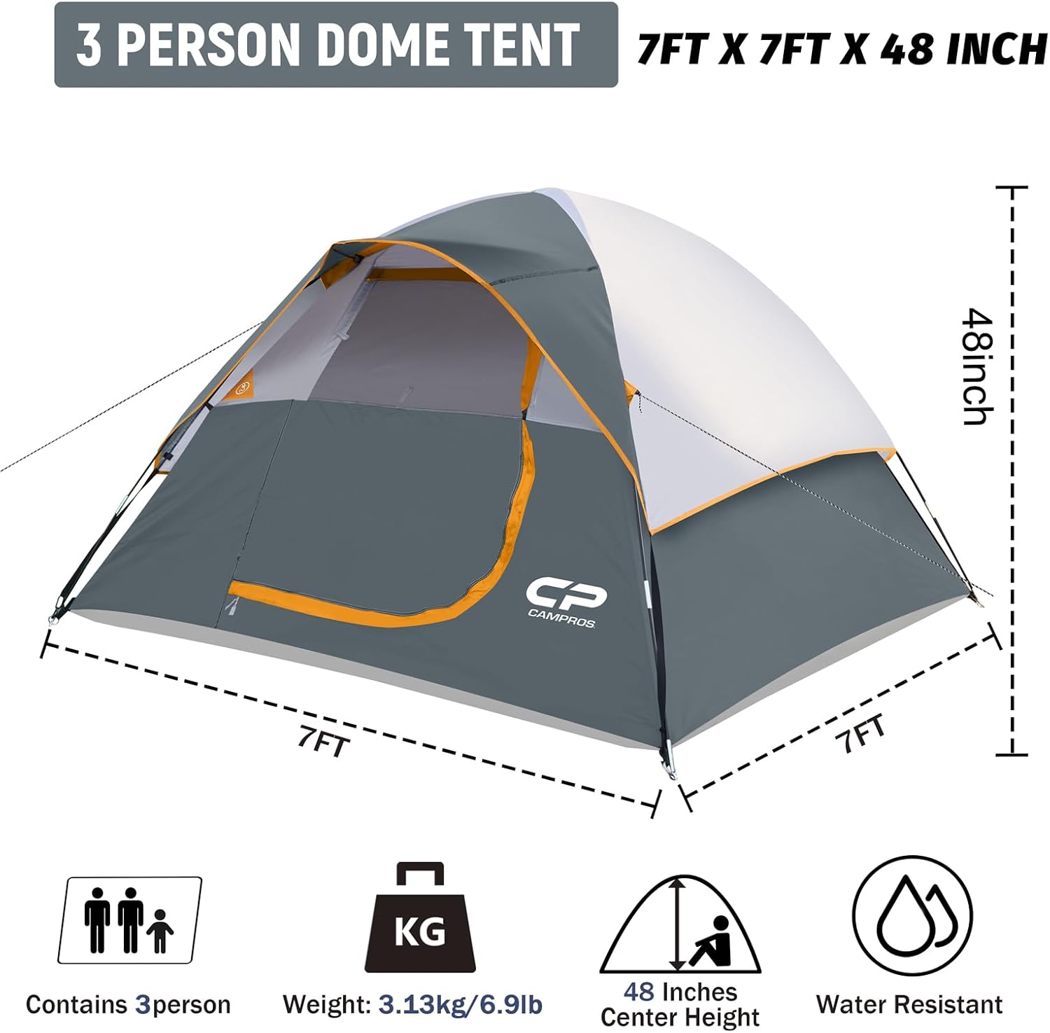 CAMPROS CP 3 Person Tent, Waterproof Dome Tents for Camping with Rainfly