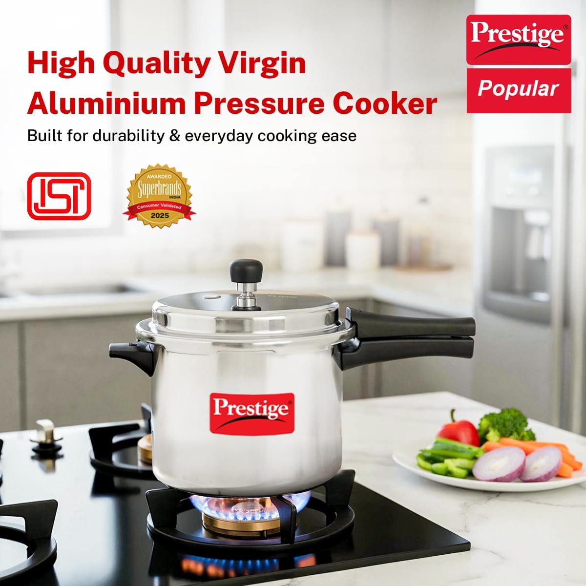 Prestige Popular Aluminum Pressure Cooker, 5 L, Silver