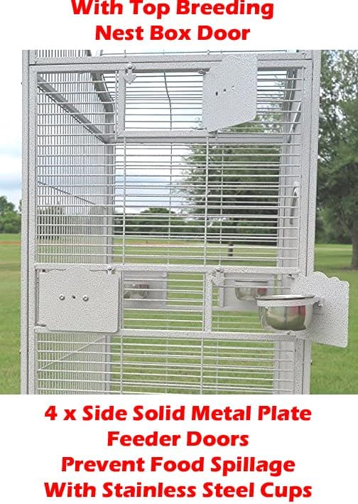 Large Elegance and Durable Wrought Iron Open Play Top Stand Bird Parrot Rolling Cage, Include Metal Seed Guard Solid Metal Feeder Nest Door (White Vein, 24.0" L x 22.0" W x 63.0" H)