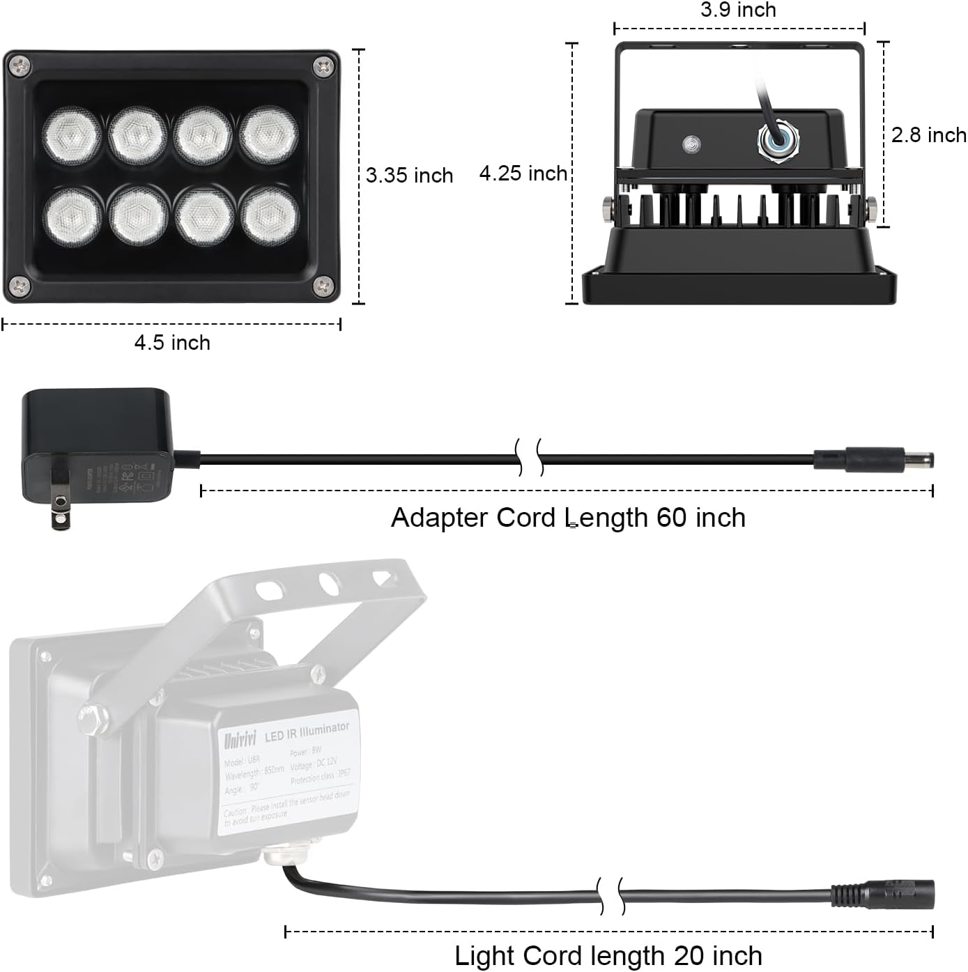 Univivi 8-LEDs IR Illuminator 850nm Infrared Flood Light for Night Vision | Long Range Infrared Illuminator for Security Camera