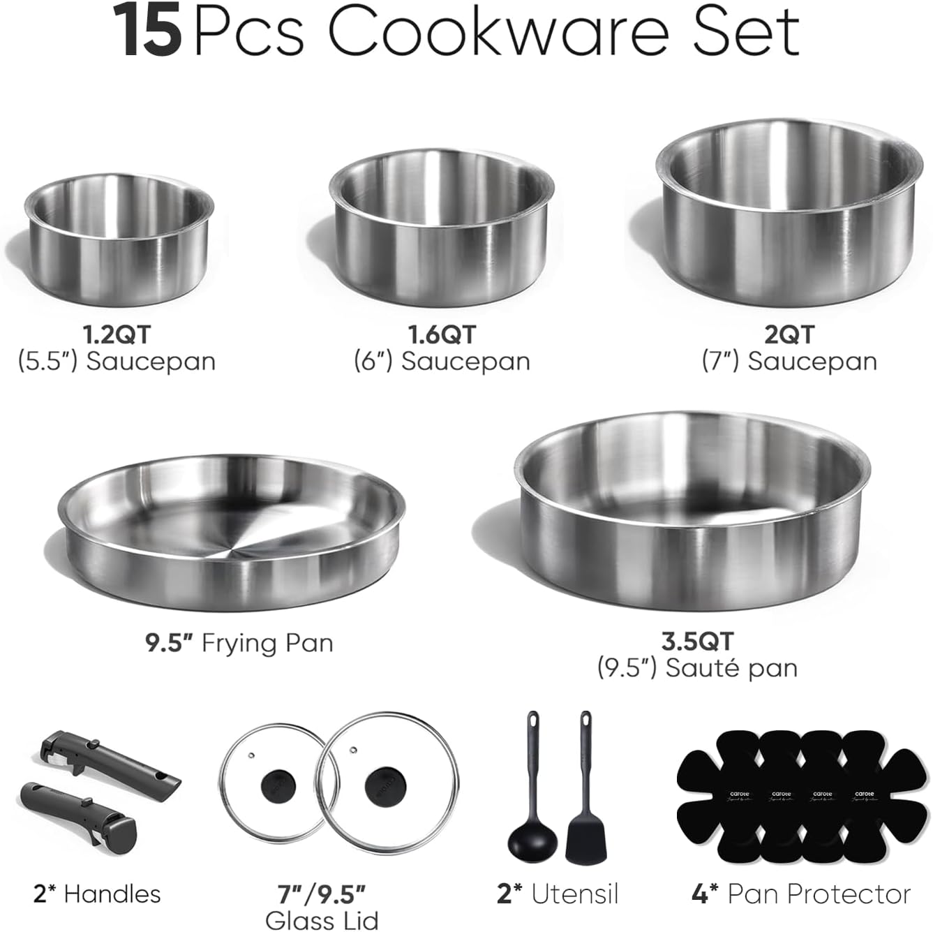 CAROTE 15pcs Tri-Ply Stainless Steel Cookware Set with Detachable Handle | Pots and Pans Set, Even Heating, Non-Toxic, Induction Compatible