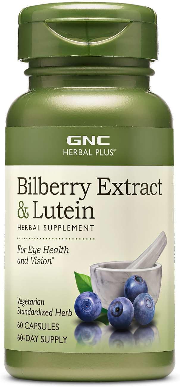 GNC Herbal Plus Bilberry Extract and Lutein Supplement, Vegetarian, Supports Eye and Vision Health, 60 Servings
