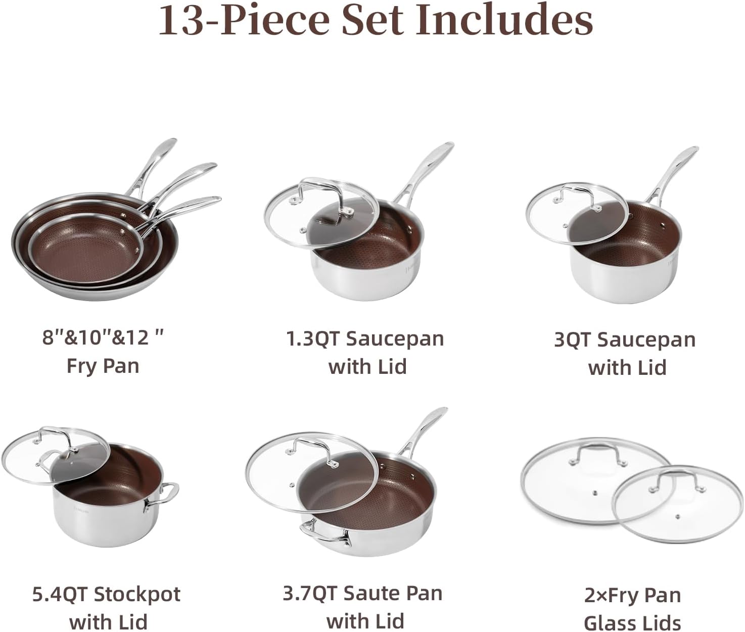 Deluxe 13 Piece Hybrid Ceramic Nonstick Stainless Steel Cookware Set | 5 PC Fry Pan Set, 6 PC Pot Set, 3.7QT Deep Sauté Pan&Lid, Induction Ready, Stay Cool, PFOA Free FOR All Cooktops